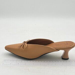 Tan Bow Kitten Heel Mules Slip On Dress Sandals with Bows Pointed Toe Slippers